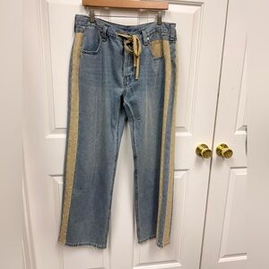 Side Stripe Slouch Jeans Tie Front Faded Blue with Khaki Side Stripe